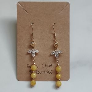 NEW HANDMADE 18K GOLD PLATED CZ & YELLOW CHALCEDONY JADE EARRINGS